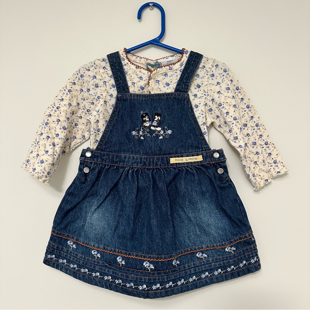 Vintage Disney Mickey and Minnie Mouse 2 pc Set Denim Overalls Dress and Onesie